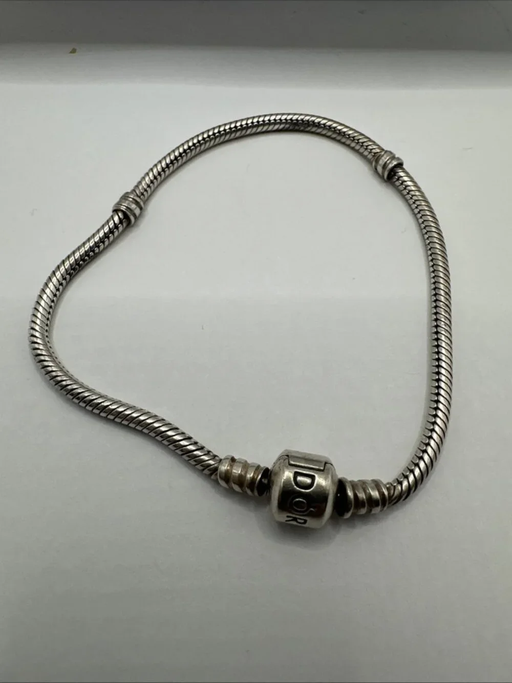 PANDORA 925 ALE STERLING SILVER BARREL CLASP SNAKE CHAIN CHARM BRACELET 7.75”